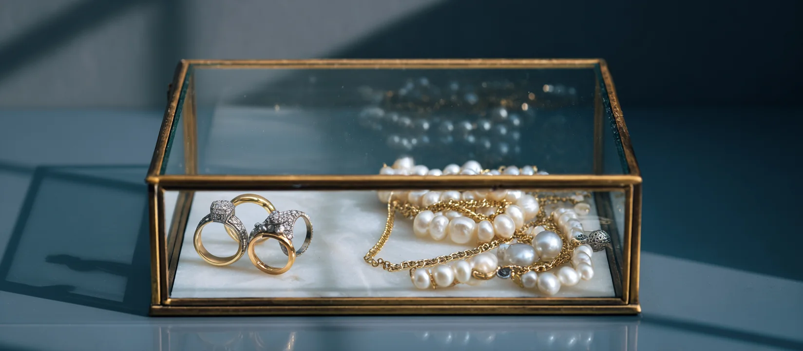 An empty gold glass jewelry box with a minimalist design, ready for jewelry ring storage boxes.
